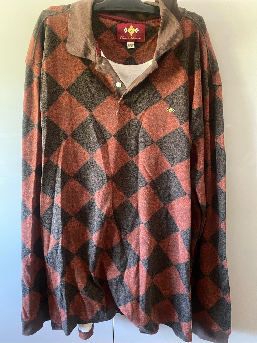 Rust and Charcoal Argyle Rugby Polo Russel Simmons XXL